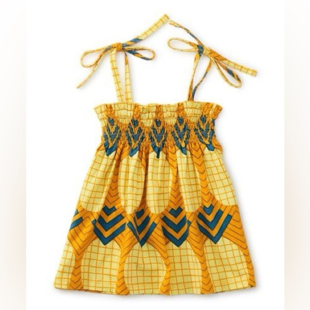 Girls 10 Yellow, tan, Blue Abstract Pineapple Patterned Smocked Camisol